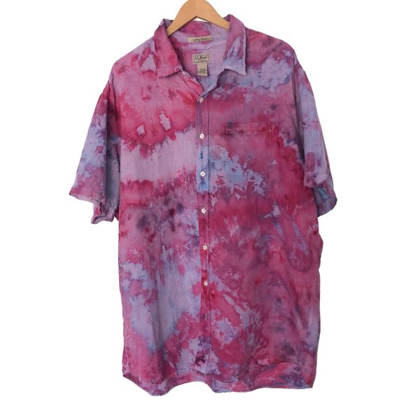 Custom Ice Tie Dye Linen button down shirt XXL Tall LL Bean purple pink - Picture 1 of 4